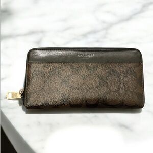 Coach Signature Brown and Black Zip Wallet